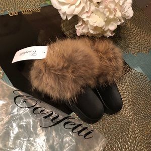 Duckie Confetti Brown Fox Fur Slides 7 W